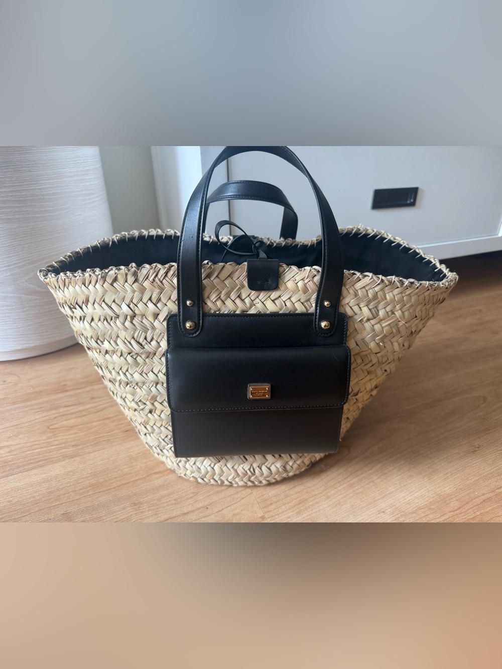 Dolce & Gabbana Kendra Tote- Black Leather-Trim Straw Tote with Front Pocket